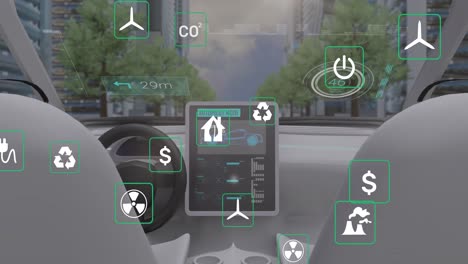 animation of data processing and ecology icons over car and city