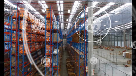 Digital network icons overlaying warehouse shelves in industrial storage facility