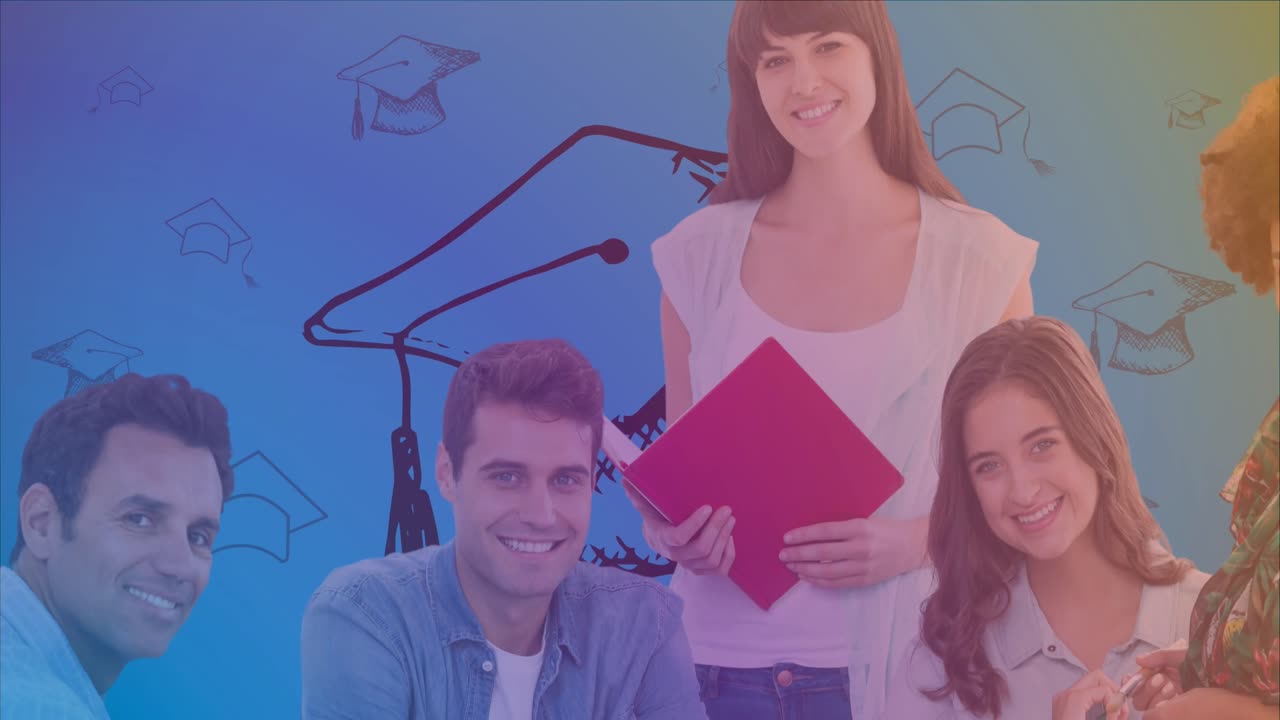 animación de estudiantes felices y diversos sobre el sombrero de graduación y el fondo azul