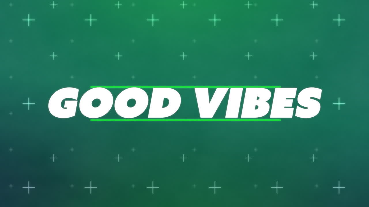 animación digital de texto de buenas vibraciones contra formas geométricas sobre fondo verde