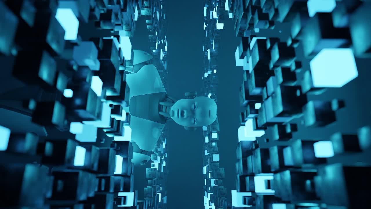 prototipo de inteligencia artificial de robot humanoide cibernético dentro de la matriz de codificación de fondo que se hace cargo del concepto futurista