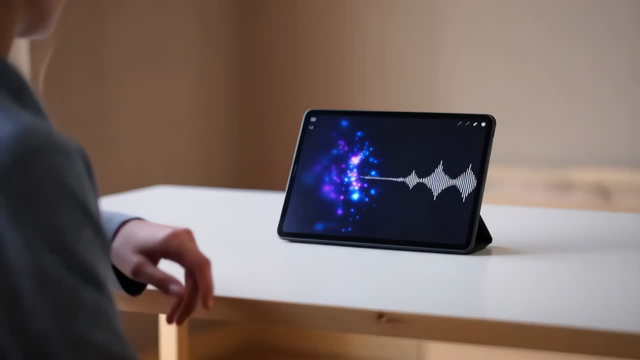 Woman looking at a tablet with audio waveform