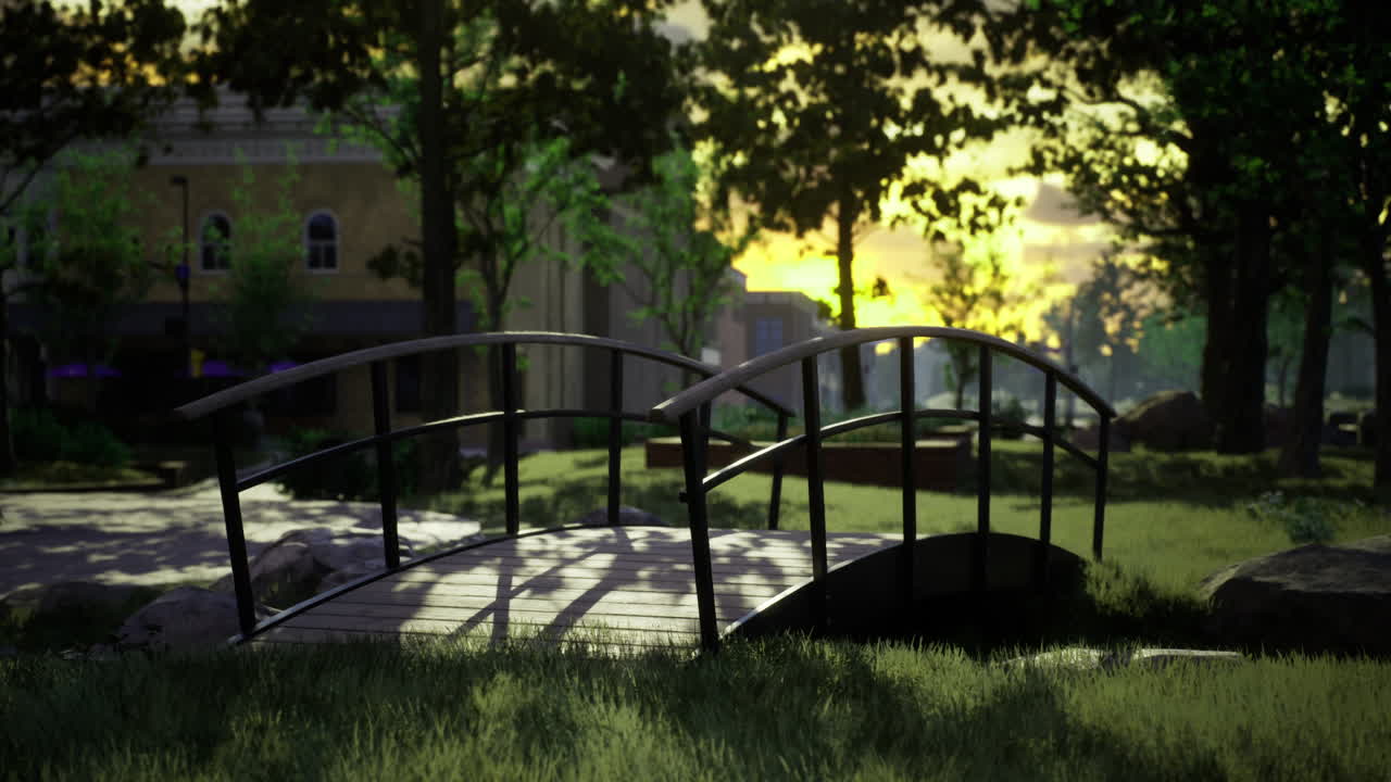 Bridge over tranquil waters at sunset in a city park setting