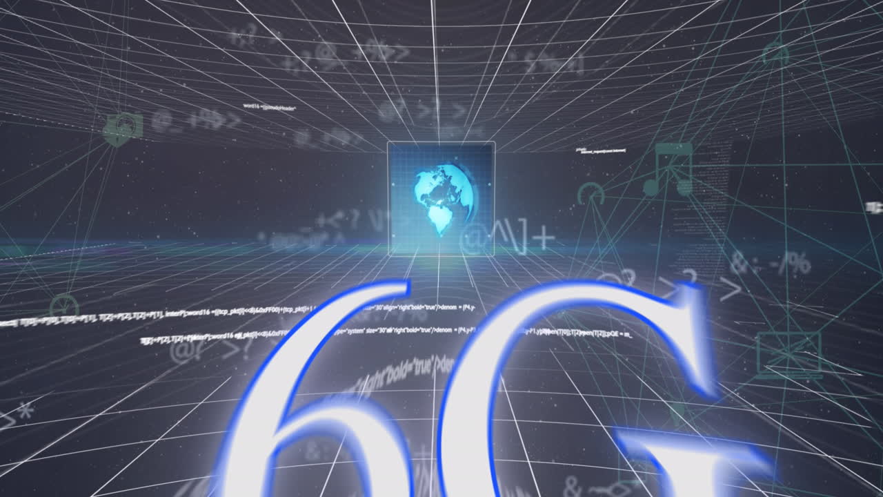 Animation of moving connected icons, computer language, 6g text, globe and symbols