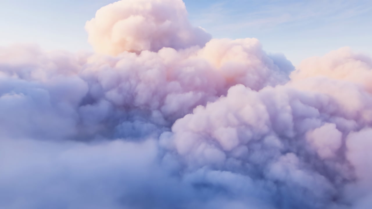 Soft Pastel Clouds Above Horizon With Fluffy Cumulonimbus Layers, Sunrise Pink Lavender Light, Aerial