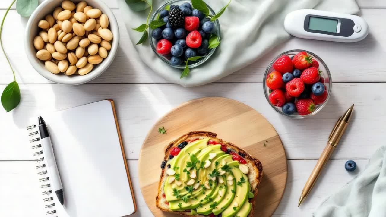 Healthy breakfast spread featuring avocado toast topped with nuts, surrounded by bowls of fresh berries and nuts, alongside a glucose meter, creating a vibrant and nutritious morning scene