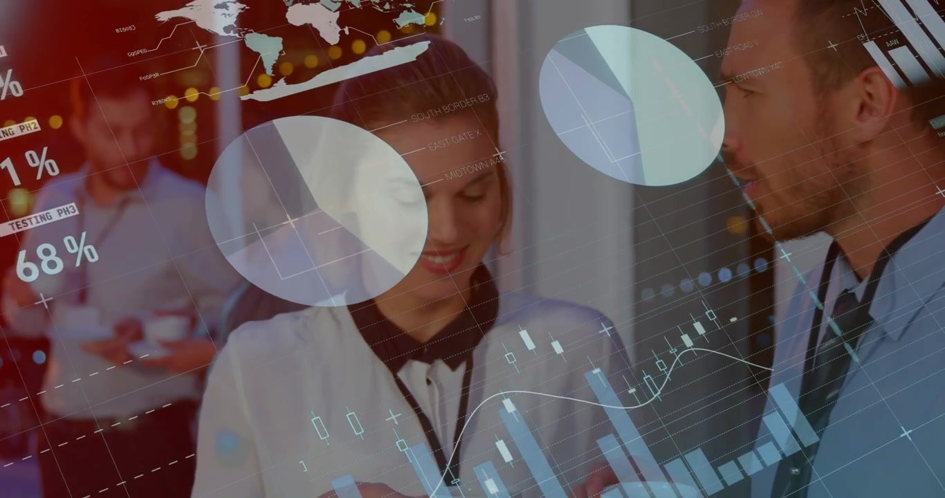 Animation of data processing over diverse business people at office