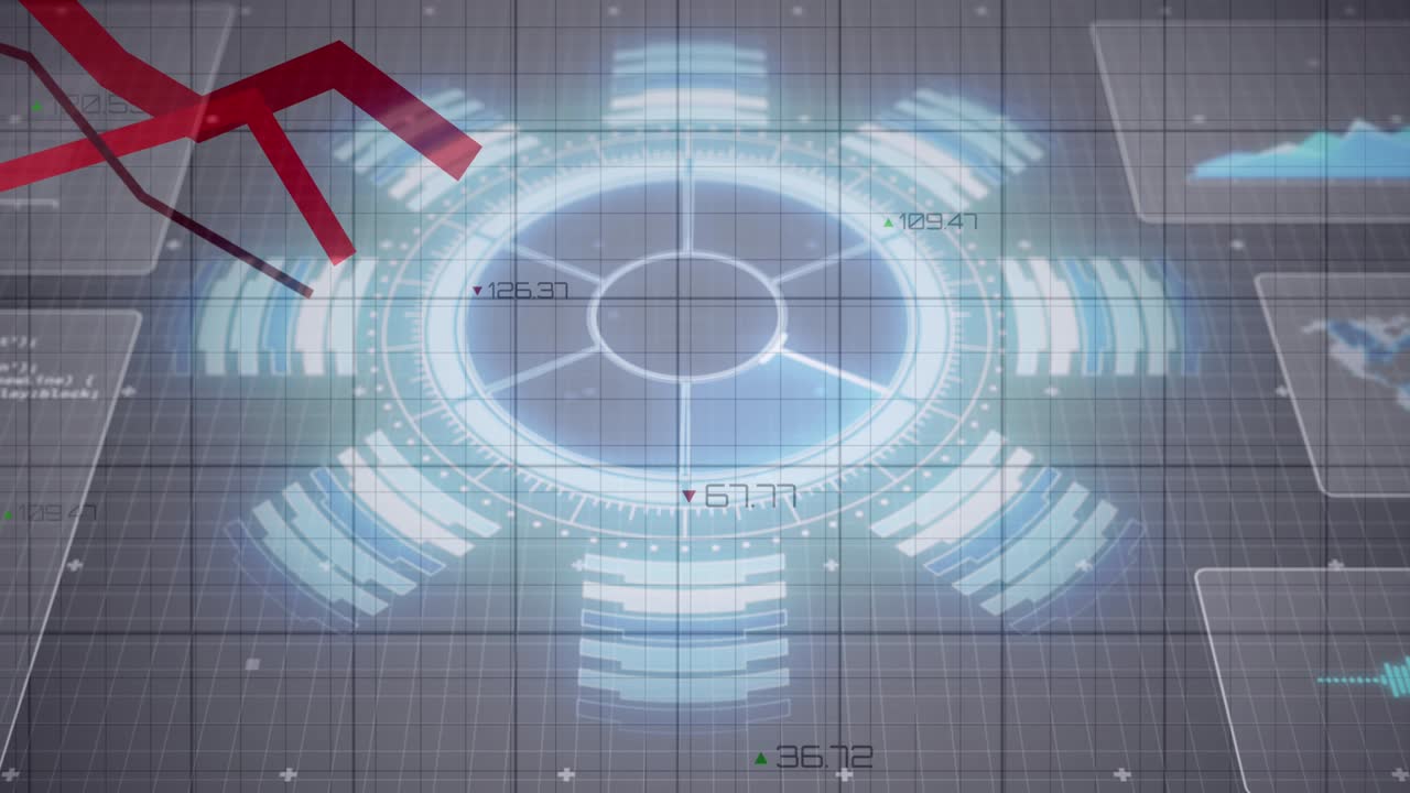 검은색 그리드에서 움직이는 정보 및 그래프 선과 함께 반이는 인터페이스의 애니메이션