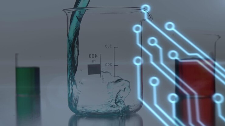 Animation of integrated circuit and smartphone over liquid pouring into glass