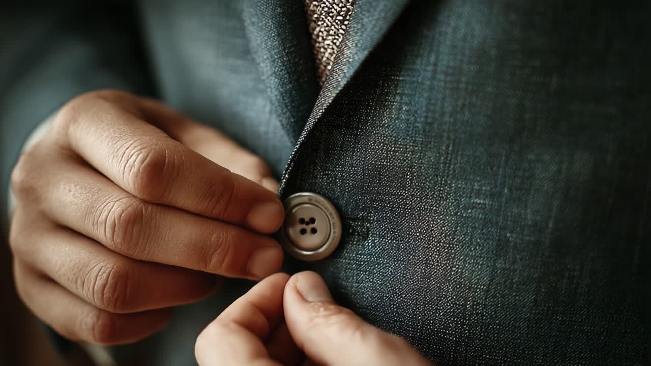 Tampilan Dekat Tangan Mengancingkan Jaket Setelan Bergaya, Menyoroti Perhatian pada Detail dan Keanggunan Mode dalam Jahitan untuk Pakaian Formal