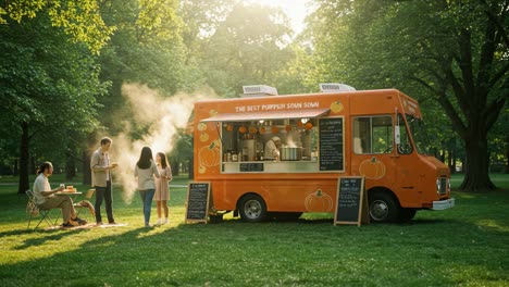 a vibrant pumpkin soup food truck experience in a sunlit park setting, featuring friends enjoying delicious cuisine and a relaxing outdoor atmosphere