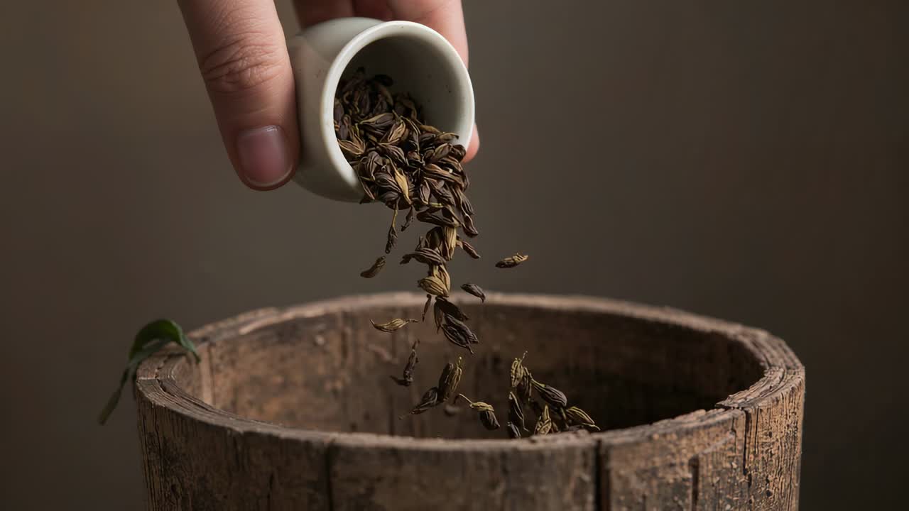Hand tilting white cup pouring seeds in studio tabletop, building pile in wooden bucket with leaf