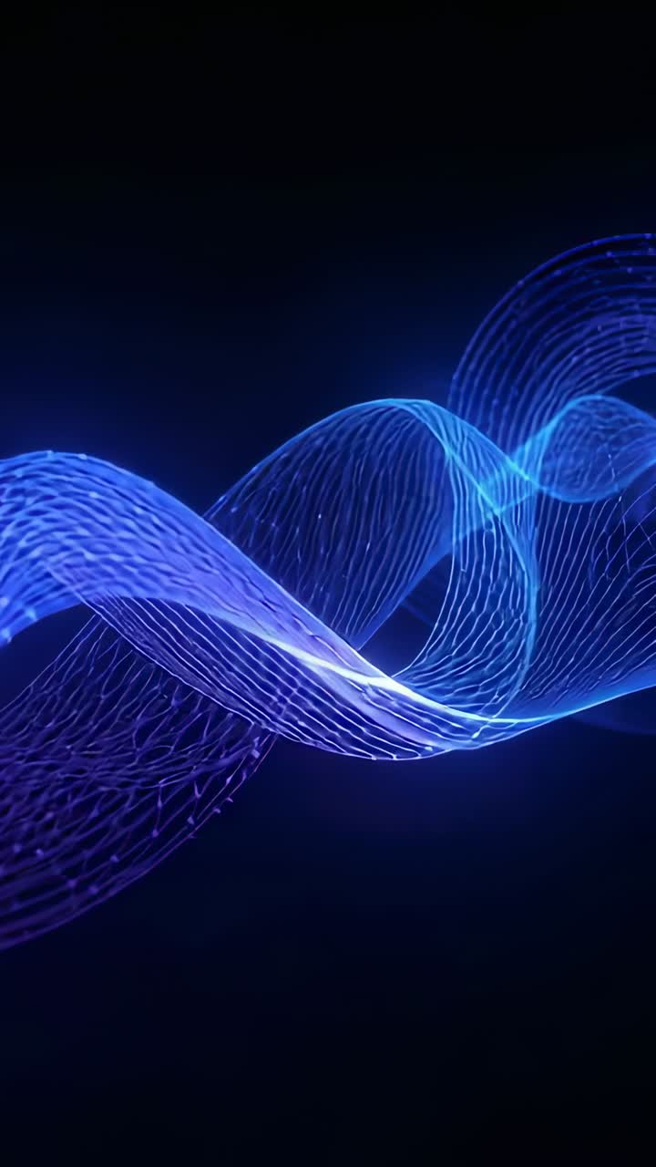 Vertical video: Playing glowing ribbon moving across black void, showing dots and blue-purple glow