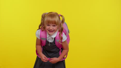 little teen child kid girl in school uniform laughing out loud after ridiculous anecdote, funny joke