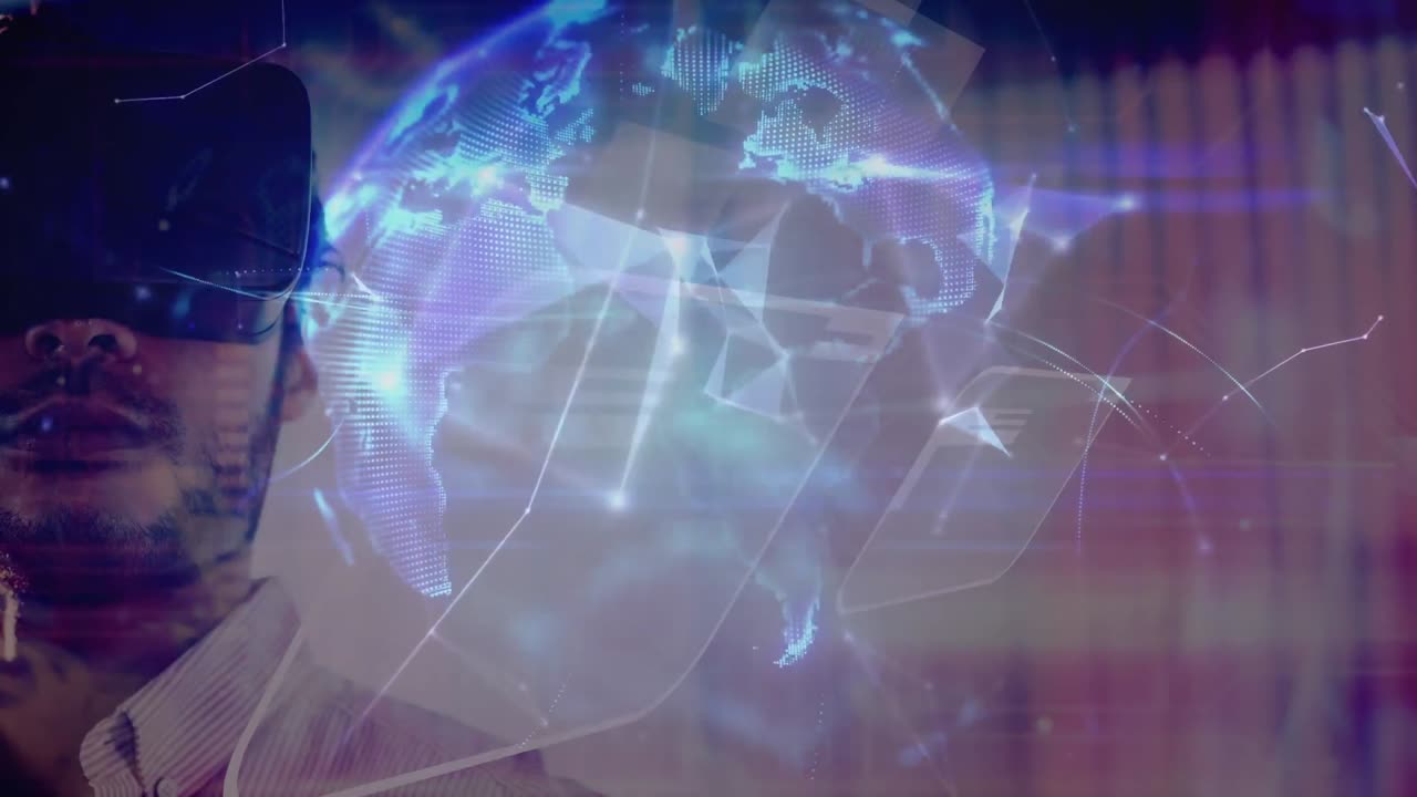 Animazione di rete di connessioni e globo su uomo d'affari che indossa un visore VR