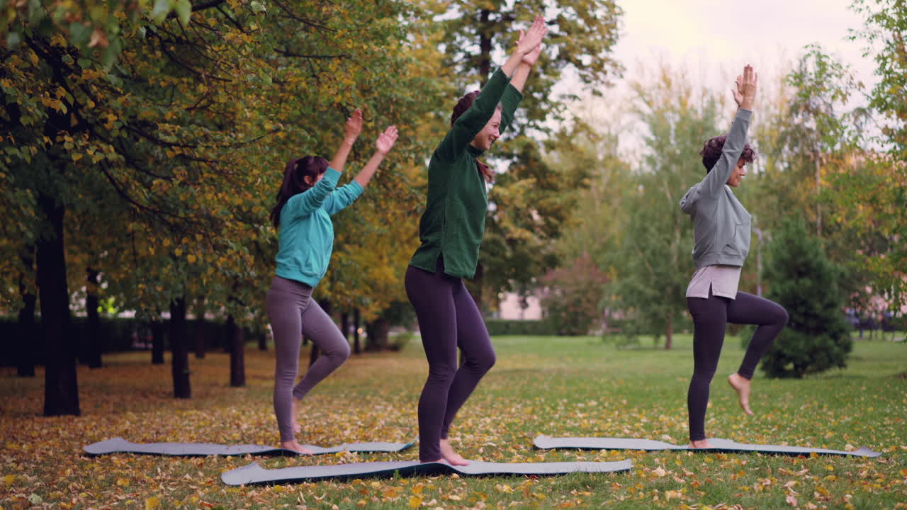 Women practicing yoga in a park during autumn