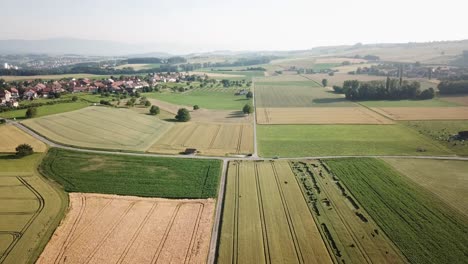 high drone aerial view of the swiss countryside, different fields: wheat, vegetables and a small village, vaud