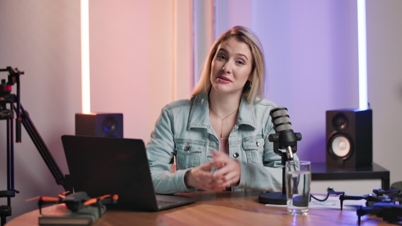 una mujer grabando un podcast.