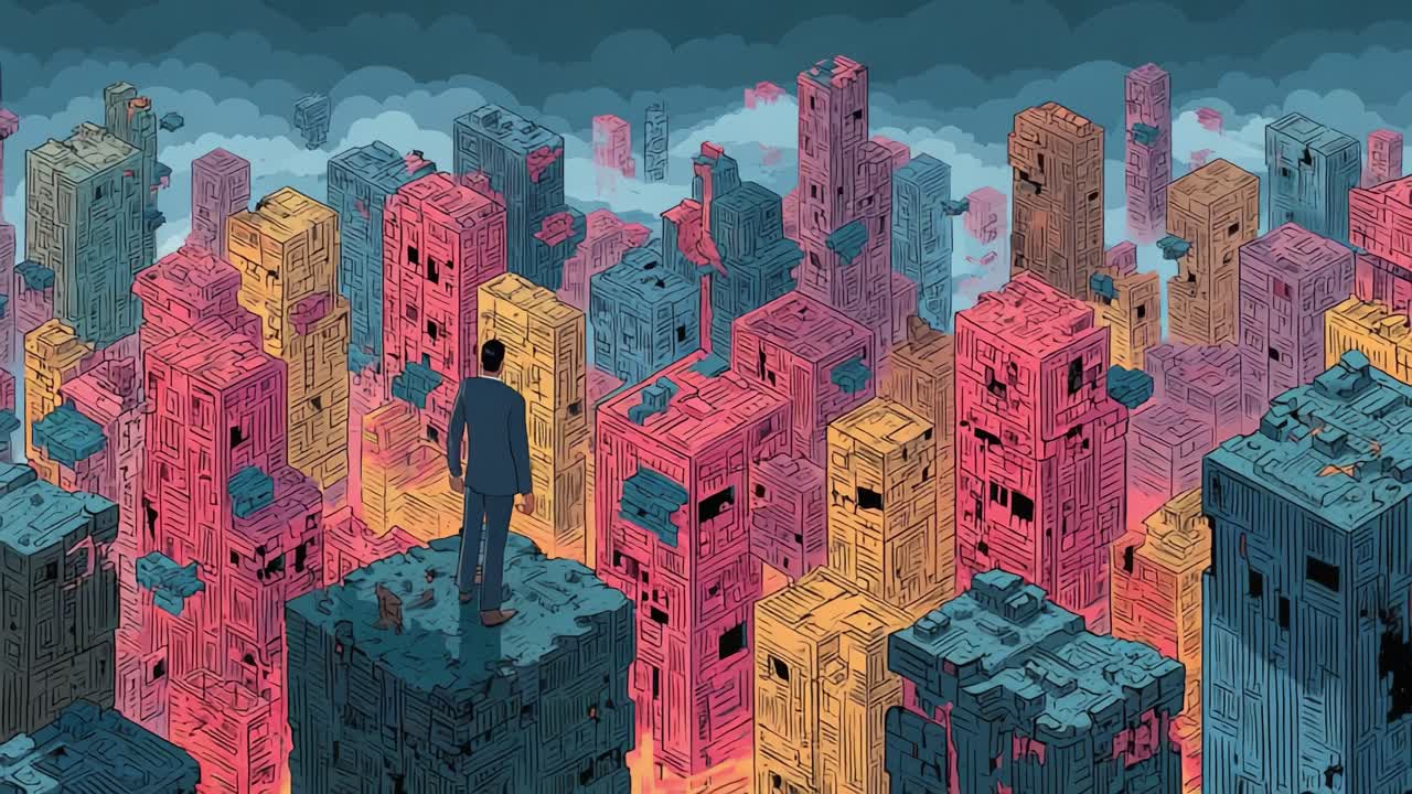A solitary figure stands atop a towering block, surveying a surreal cityscape filled with colorful skyscrapers and ethereal clouds, capturing the essence of isolation and urban exploration in a digitally inspired world