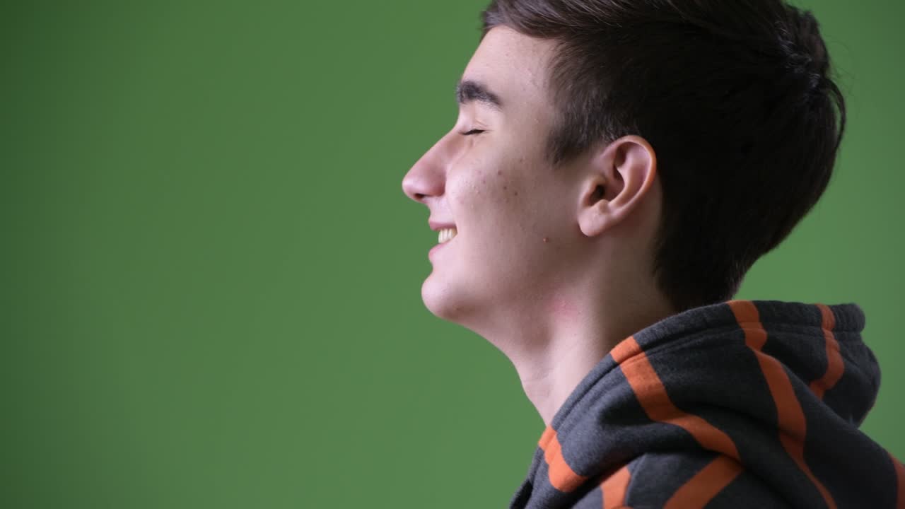 Young handsome Iranian teenage boy against green background
