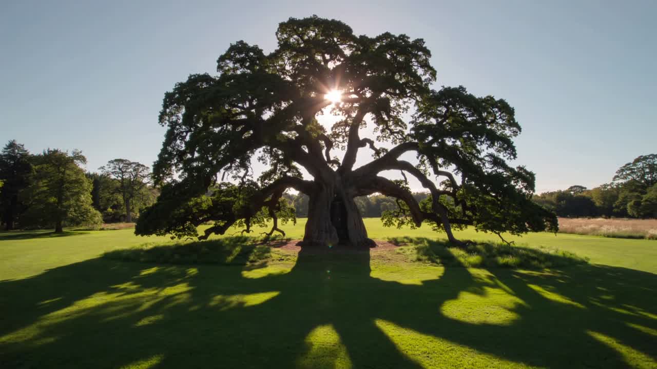 Con la luce del sole che appare, la telecamera si avvicina a un albero maturo sul prato, rivelando un tronco cavo.