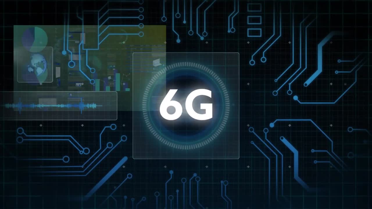 Animation of data processing and 6g text over black background