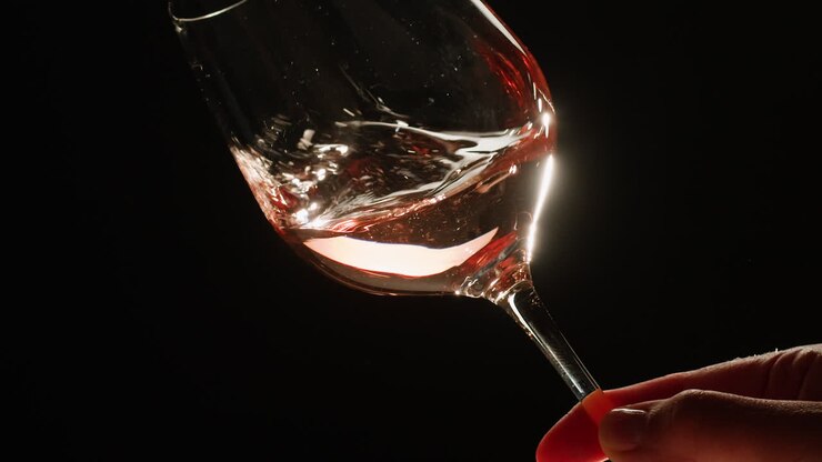 Rose Orange or white wine bottle and glass against a sunset in a peaceful vineyard, pouring of ecological natural wine. Cheers, hands with wine glasses, drinking alcohol.