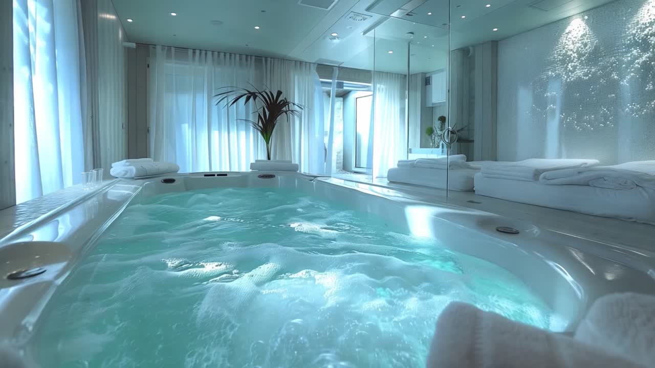 A luxurious hot tub in a modern spa bathroom