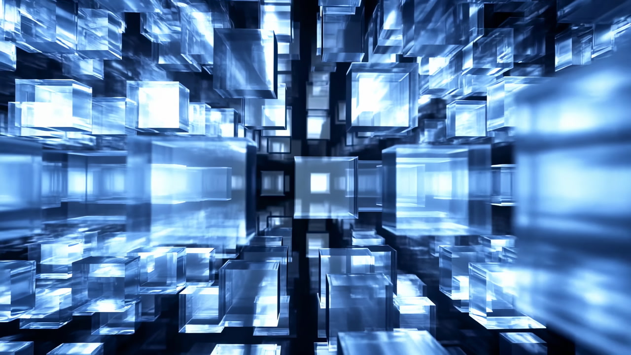 Blue Digital Cube Tunnel Accelerating Into Matrix, Glowing Panels And Reflective Surfaces, Rapid Motion Blur,
