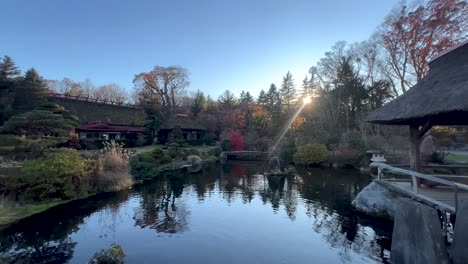 beautiful japanese landscape garden at sunset with wide open pond