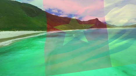 animation of flag of cameroon blowing over beach landscape