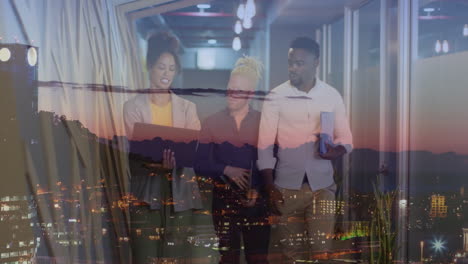 animation of cityscape over diverse group of business people
