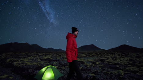 camping under the starry night sky in volcanic landscape