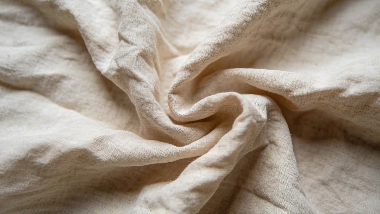 Capturing beige cloth tightening then relaxing swirl on bed with camera shifting, showing weave