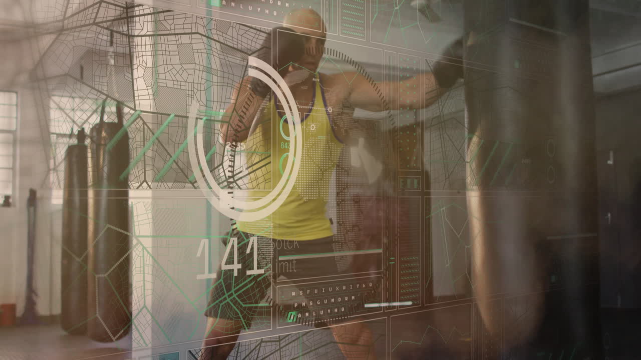 Man in gym punching bag with digital fitness data overlay animation
