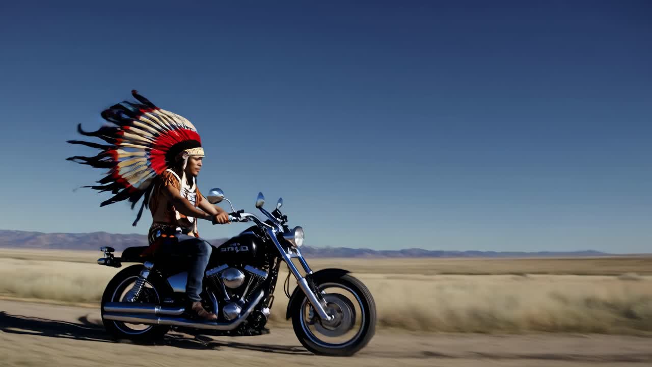 Native American Motorcycle Rider in Desert Landscape