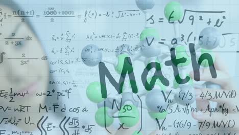 Animación-De-Ecuaciones-Matemáticas-Y-Texto-Matemático-Sobre-Mujer-Birracial-Con-Modelos-En-El-Aula