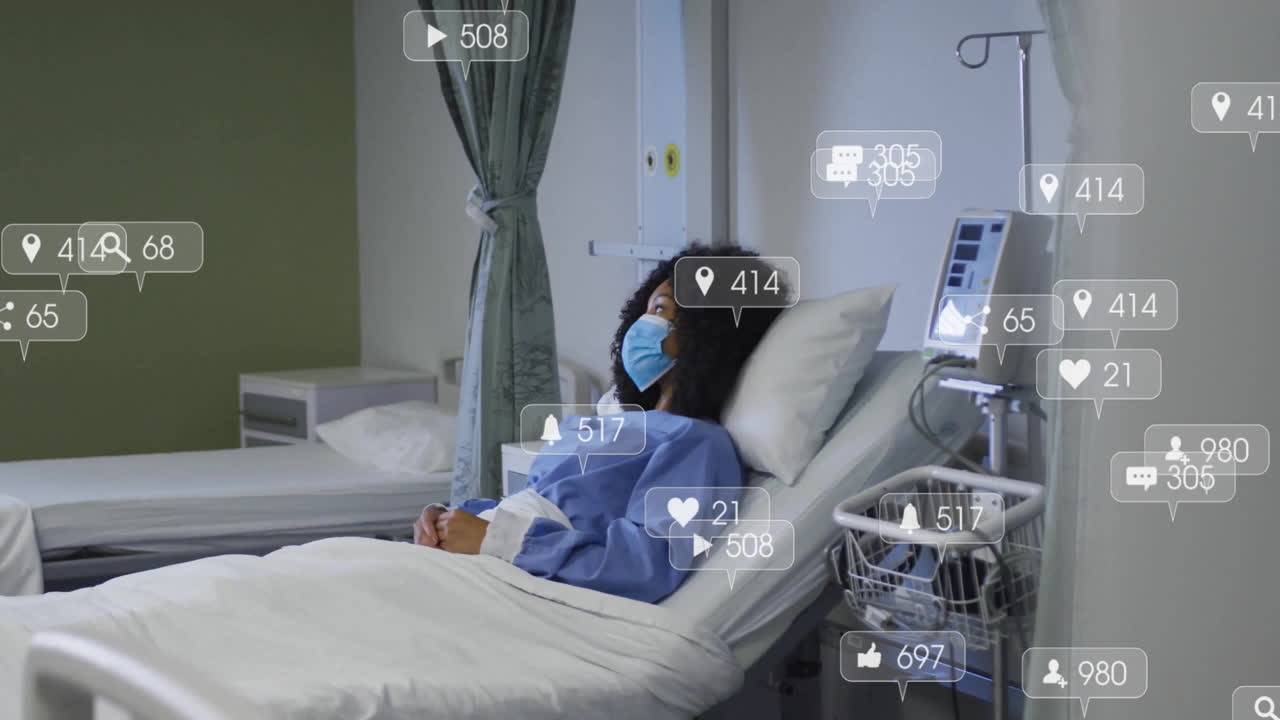 animación de iconos de las redes sociales con números crecientes sobre la paciente afroamericana