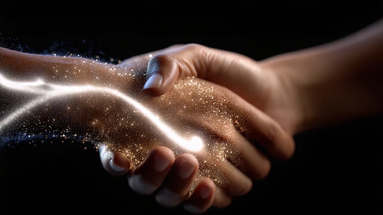 A Cosmic Connection: Two Hands Engaging in a Magical Handshake Radiating Sparkling Energy and Light Against a Dark Background