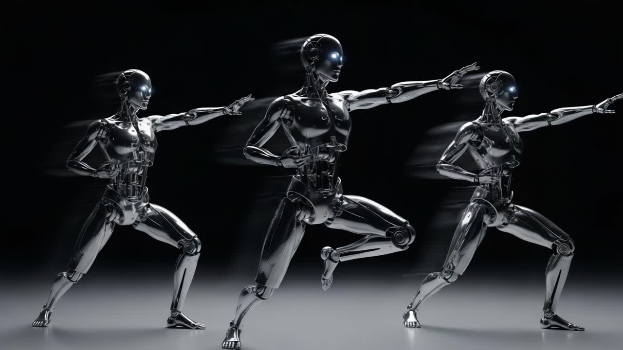 Futuristic Robotic Trio in Dynamic Poses Engaged in a High-Tech Performance Showcasing Advanced Robotics and Motion