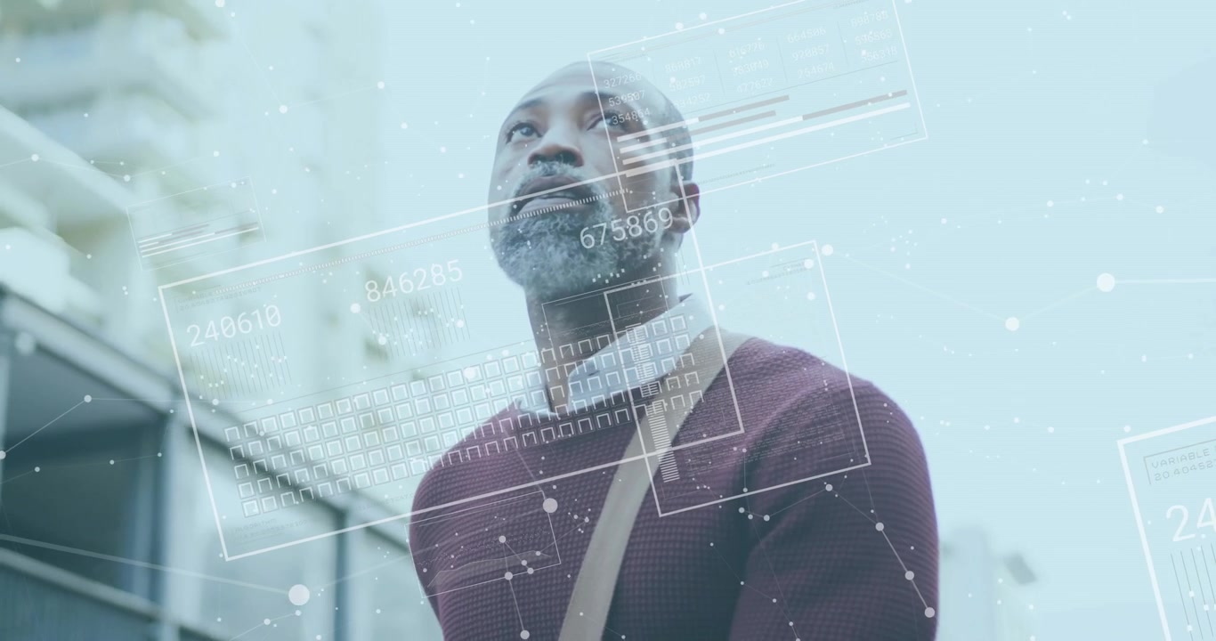 Animazione di elaborazione di dati finanziari su uomo afroamericano in città