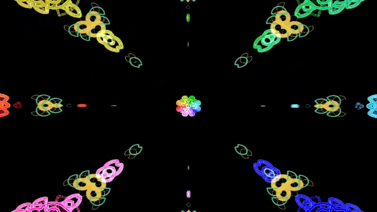 다채로운 네온 조명과 함께 칼레도스코프 패턴 모션 배경.