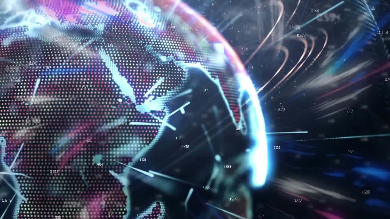 animación de globos, patrones de ondas y números contra un fondo abstracto.