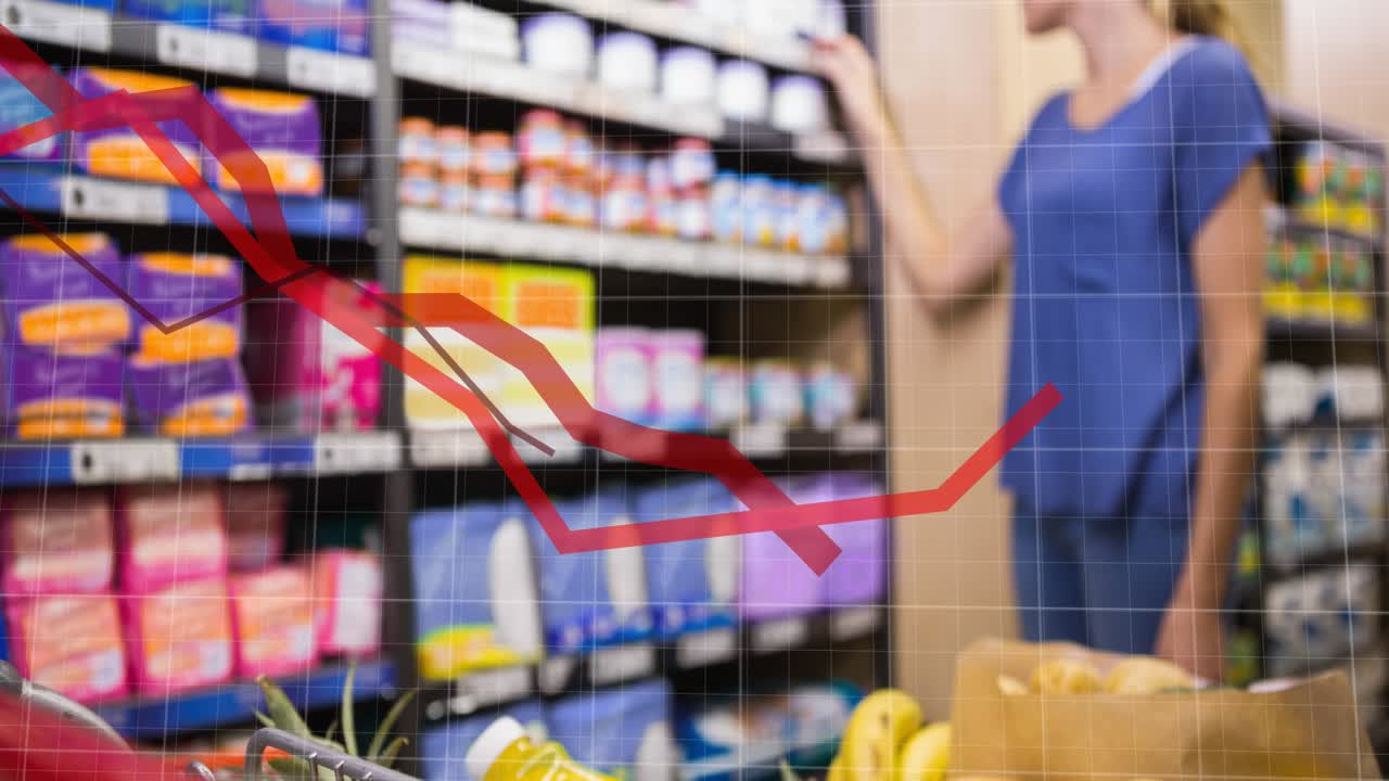 Animación de procesamiento de datos sobre una mujer caucásica con carrito en una tienda.