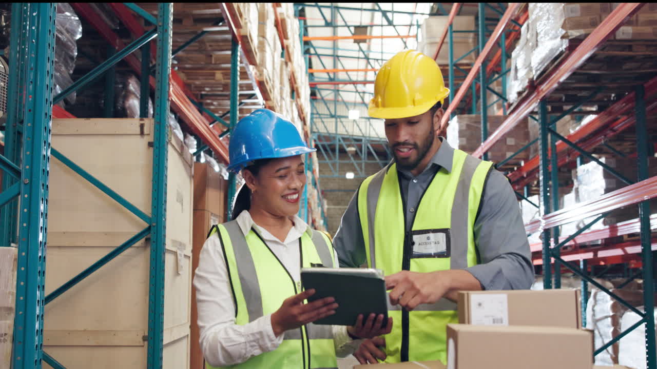Magazzinieri che discutono dell'inventario con un tablet