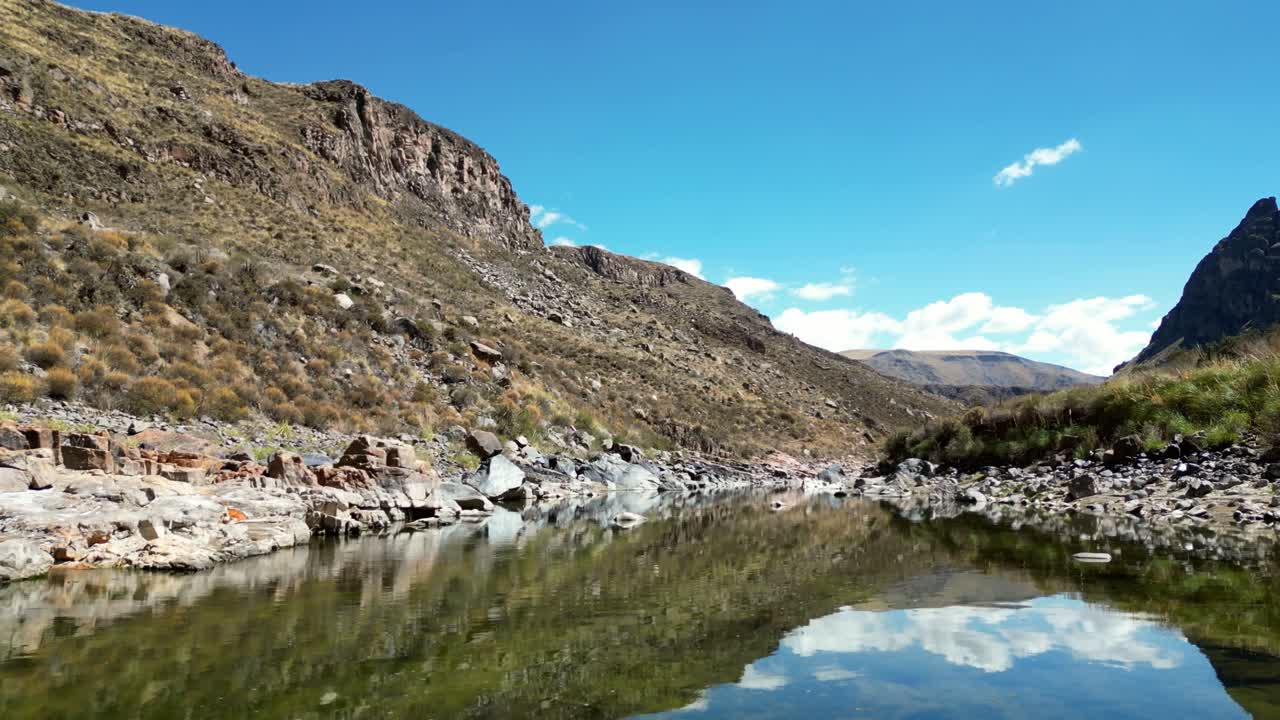 Cinematic 4K drone footage of a winding river in Peru’s Andes. Reflections of clouds and sky ripple through golden tones of the late-day sun