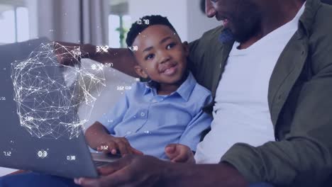 animation of network of connections over happy african american father and son using laptop