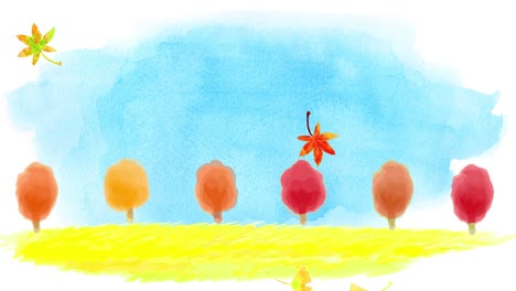 watercolor tree and the sky in autumn animation