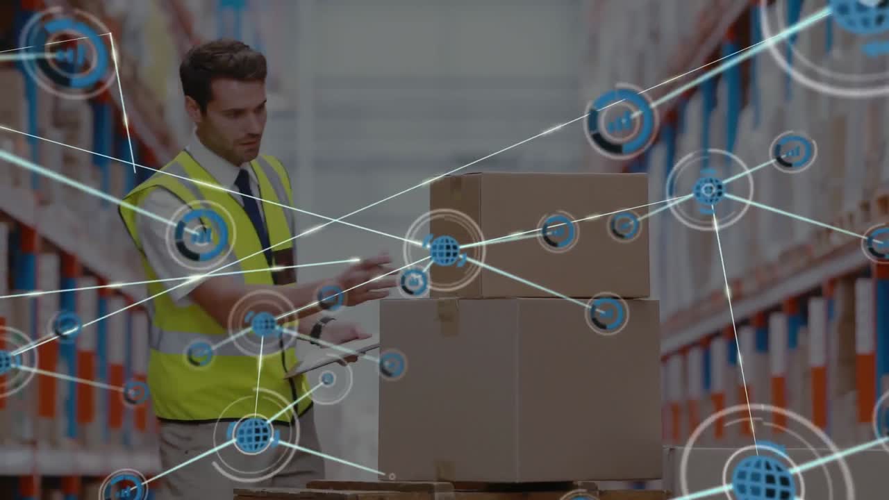 Network of digital icons over caucasian male supervisor with clipboard checking stock at warehouse