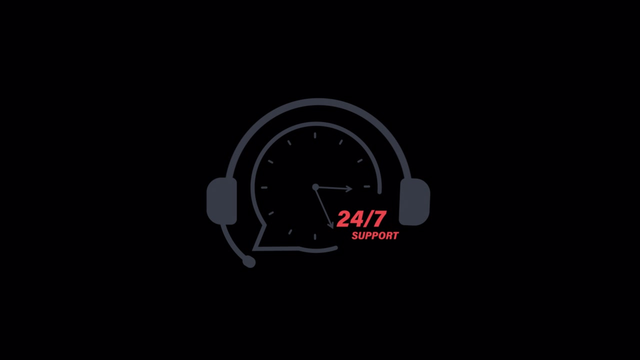 Animeret 24/7 kundesupport-ikon med ur og headset.